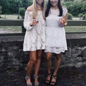 Lace Overlay Off The Shoulder Mini Dress in White/Nude - S